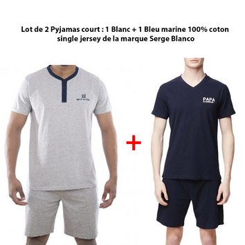 Lot de 2 Pyjamas court : 1 Blanc + 1 Bleu marine 100% coton single jersey de la marque Serge Blanco - Livraison offerte